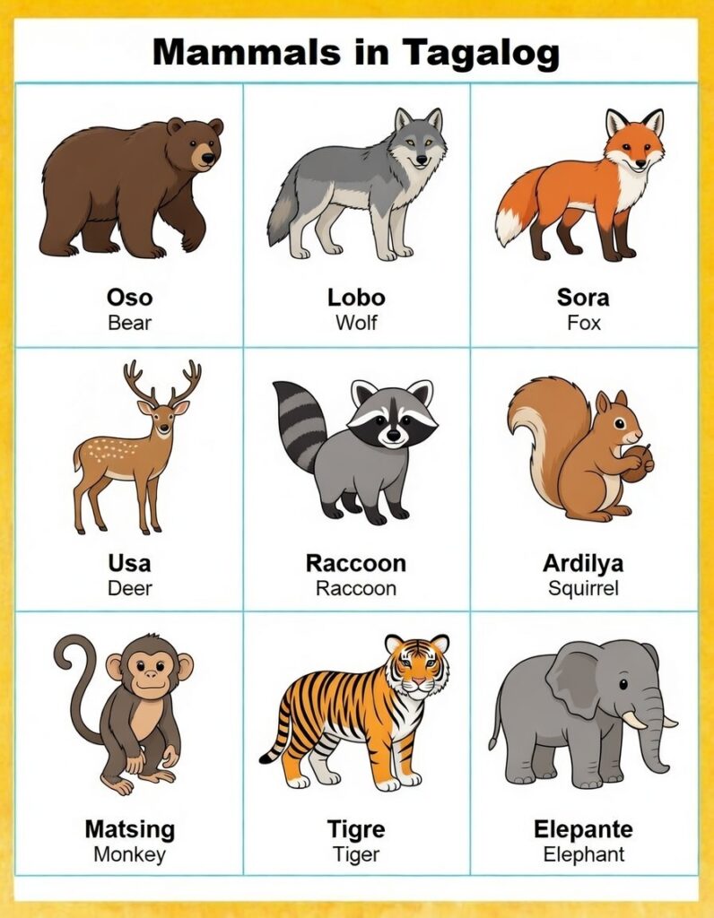 Essential Mammals in Tagalog: Full List, Definition, and 10 Clear Sentences Discover essential Filipino vocabulary with this Mammals in Tagalog guide, showcasing illustrated animals like oso, lobo, sora, usa, and more.
