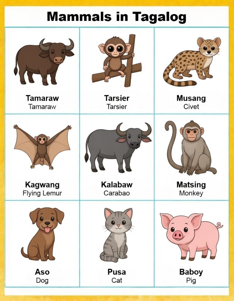 Essential Mammals in Tagalog: Full List, Definition, and 10 Clear Sentences A colorful educational chart teaching Mammals in Tagalog, including tamaraw, tarsier, civet, carabao, monkey, dog, cat, and pig—perfect for Filipino learners.