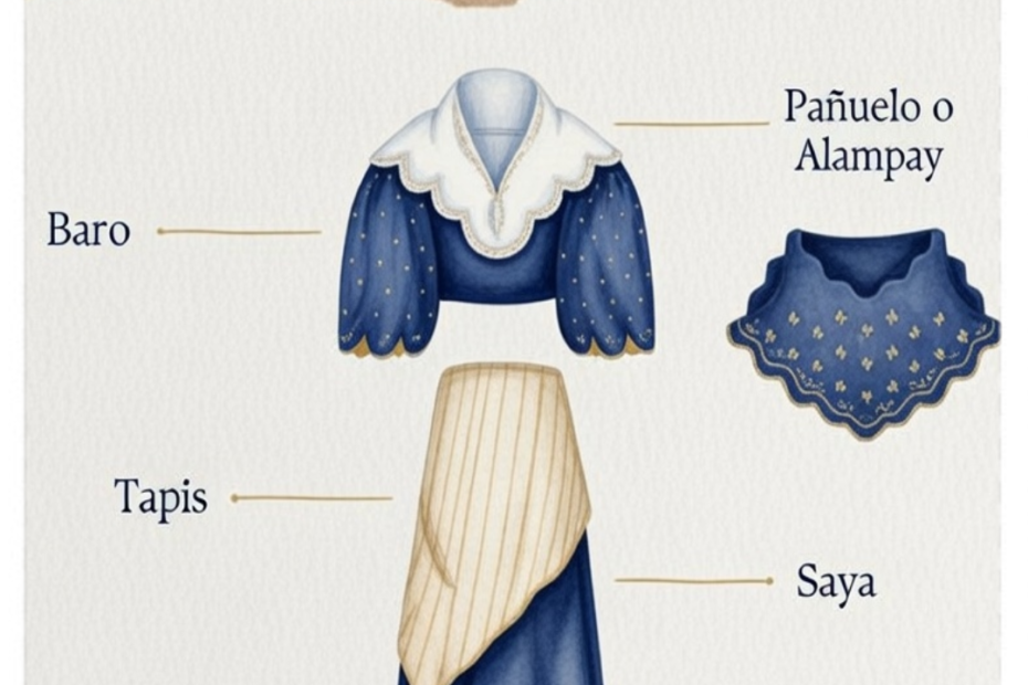 7 Stunning Secrets: Baro’t Saya Traditional Filipino Dress Guide Diagram showing the parts of the Traditional Filipino Dress Baro’t Saya, including baro, pañuelo, tapis, and saya.