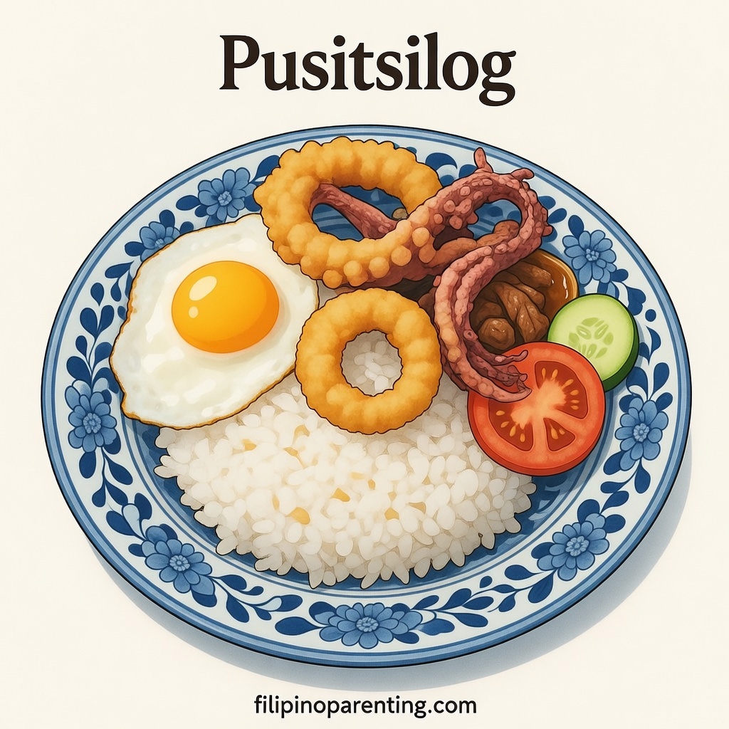 12 Types of Silog: Filipino Breakfast Favorites Explained (With Chart) A unique Pusitsilog illustration showing fried or adobong pusit paired with garlic rice and a fried egg, rendered in a smooth pastel anime style.