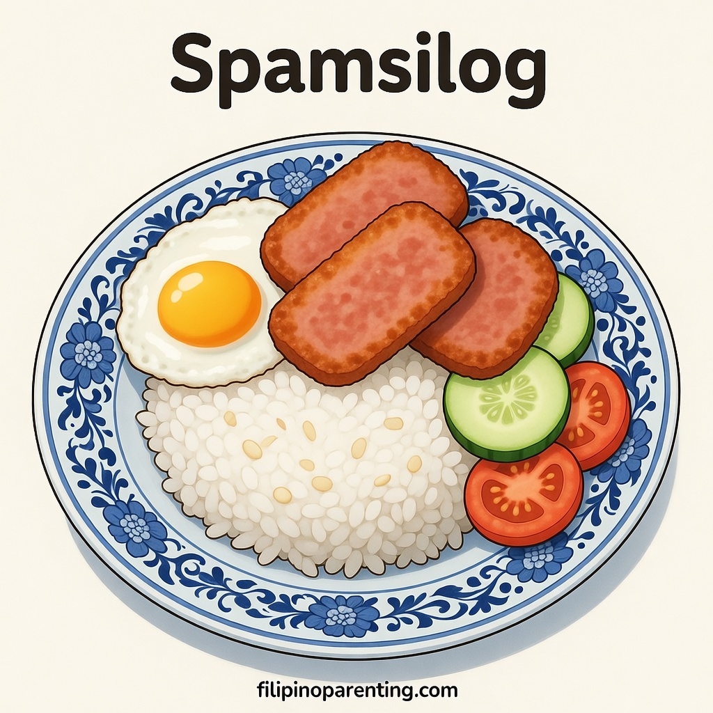 12 Types of Silog: Filipino Breakfast Favorites Explained (With Chart) A bright and playful Spamsilog artwork showcasing crispy pan‑fried Spam, garlic rice, and a perfectly cooked egg, presented in a clean anime iPad‑style aesthetic.