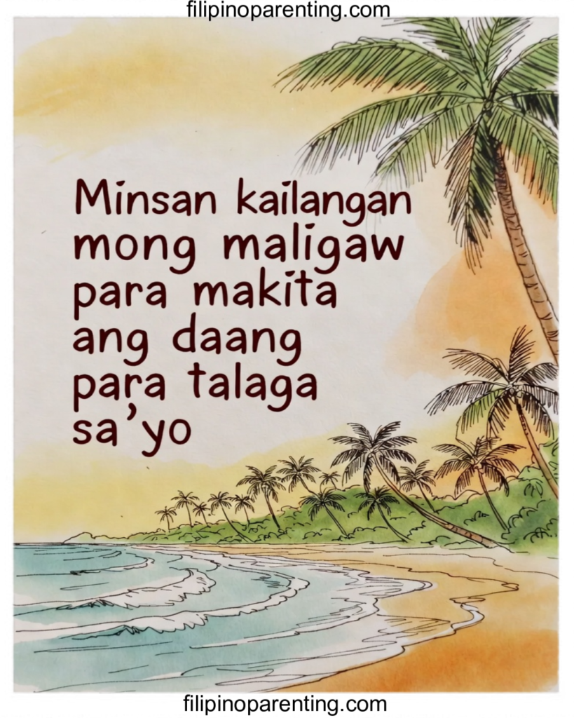 5 Tagalog Life Lessons: Poetic Wisdom and Aral ng Buhay for Growth Motivational Filipino quote about finding your true path, displayed on a sunset beach illustration with palm trees and gentle waves.