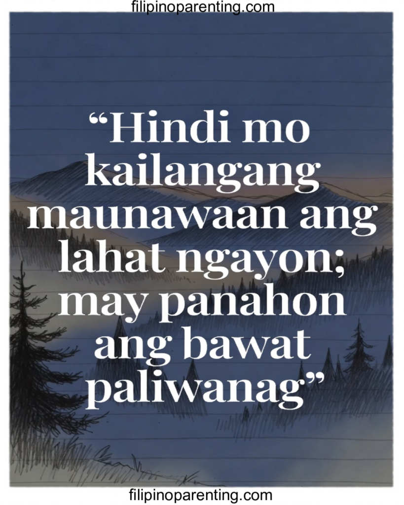 5 Tagalog Life Lessons: Poetic Wisdom and Aral ng Buhay for Growth Inspirational Filipino quote about patience and timing, displayed on an illustrated mountain scene under a twilight sky.