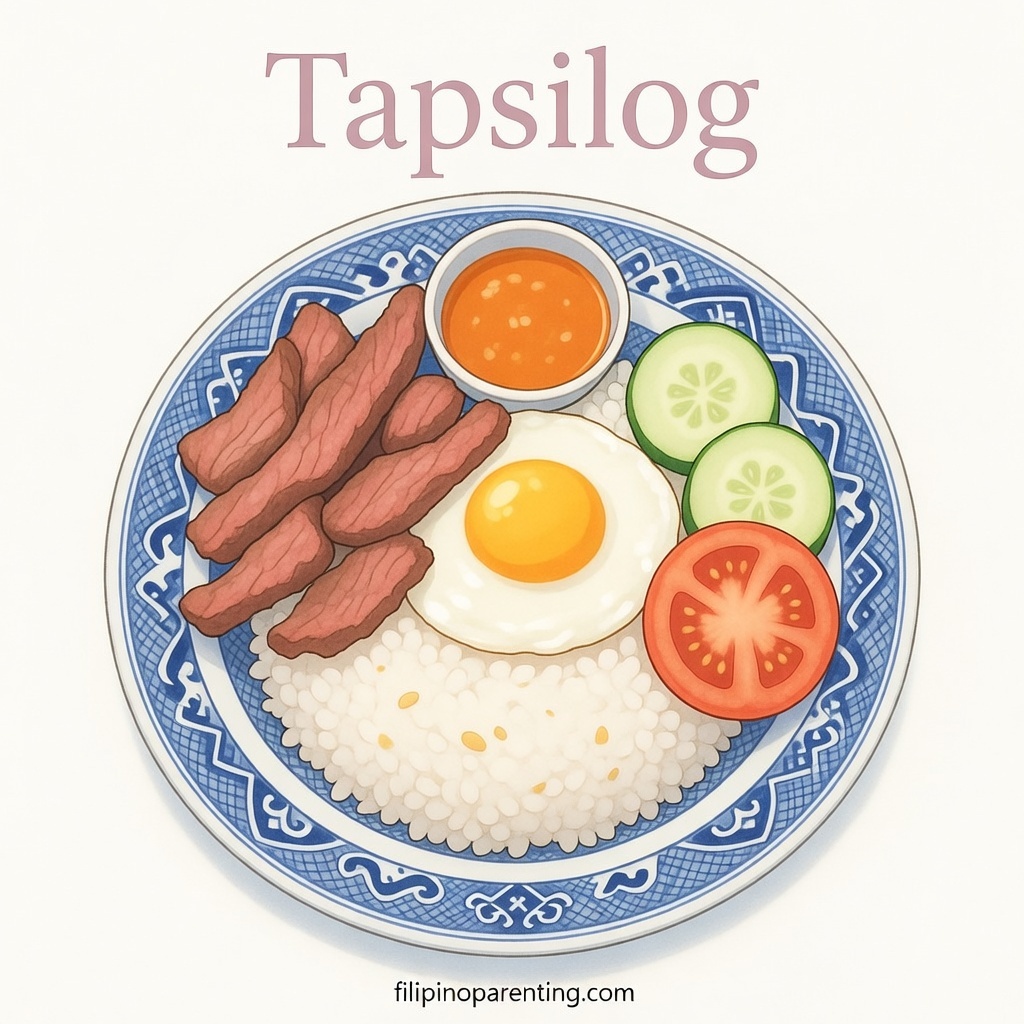 12 Types of Silog: Filipino Breakfast Favorites Explained (With Chart) A warm and inviting illustration of Tapsilog featuring tender tapa beef strips, garlic rice, and a sunny‑side egg on a Filipino ceramic plate, drawn in soft anime iPad‑style art.