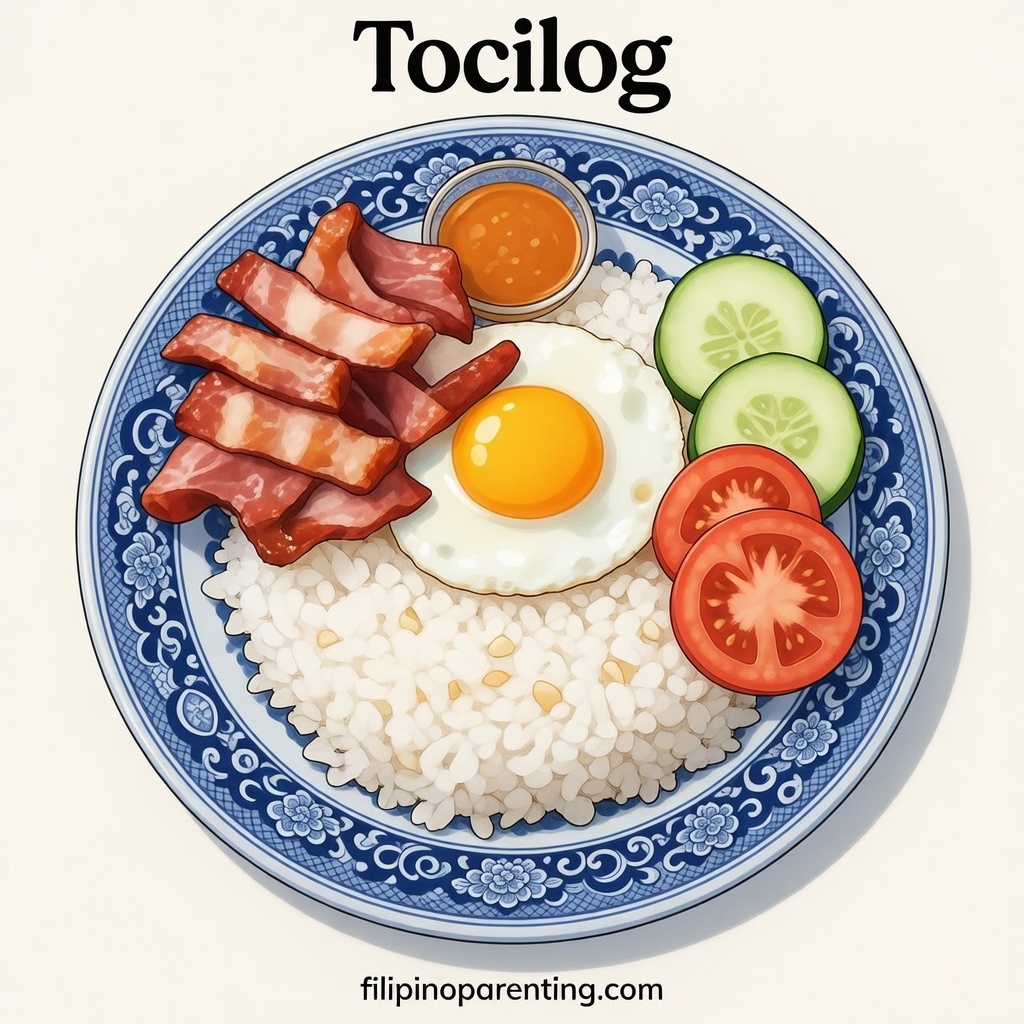 12 Types of Silog: Filipino Breakfast Favorites Explained (With Chart) A vibrant Tocilog artwork featuring sweet red tocino, garlic rice, and a fried egg, illustrated in a soft pastel anime style that feels warm and comforting.