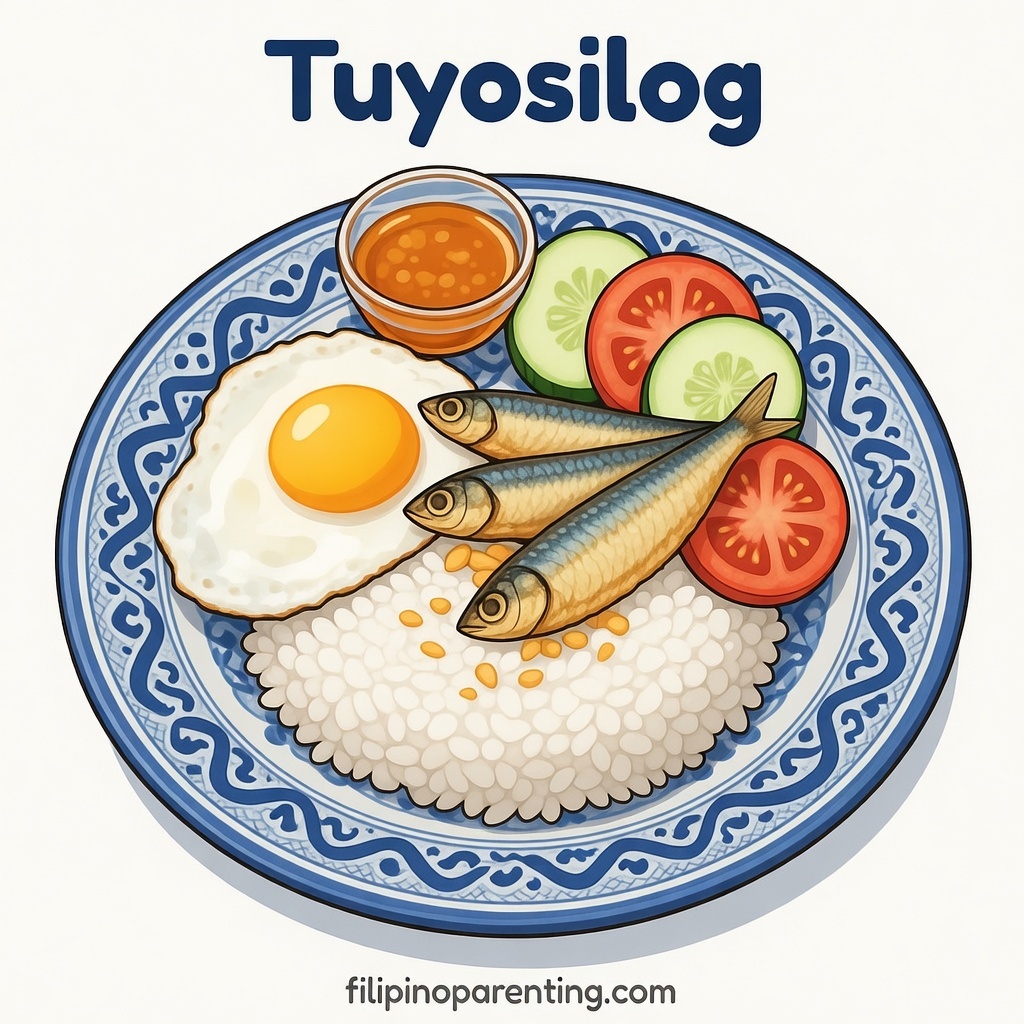 12 Types of Silog: Filipino Breakfast Favorites Explained (With Chart) A warm and nostalgic Tuyosilog illustration with fried tuyo, garlic rice, and a sunny‑side egg, presented in a gentle anime iPad‑style that feels homey and familiar.