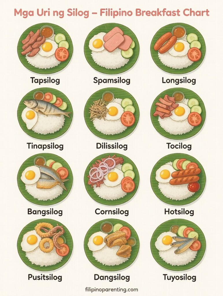 12 Types of Silog: Filipino Breakfast Favorites Explained (With Chart) The chart presents twelve beloved Filipino silog meals arranged in a clean three‑by‑four grid, each one illustrated in a soft Japanese anime iPad‑style that feels warm, bright, and inviting. Every plate sits on a simple Filipino ceramic dish and includes garlic rice, a sunny‑side egg, fresh cucumber, and tomato slices, paired with its featured protein—from tapa and Spam to longganisa, tinapa, dilis, tocino, bangus, corned beef, hotdog, pusit, danggit, and tuyo. The header introduces the collection as “Mga Uri ng Silog – Filipino Breakfast Chart,” while a small note at the bottom credits filipinoparenting.com. The overall look is clean, colorful, and comforting, celebrating the variety and charm of classic Filipino breakfast favorites.