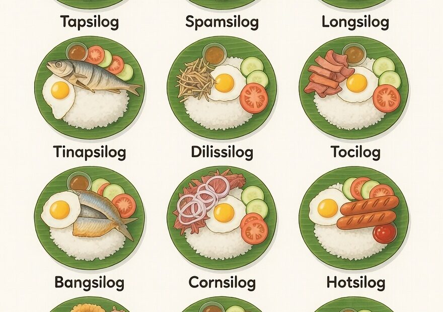 The chart presents twelve beloved Filipino silog meals arranged in a clean three‑by‑four grid, each one illustrated in a soft Japanese anime iPad‑style that feels warm, bright, and inviting. Every plate sits on a simple Filipino ceramic dish and includes garlic rice, a sunny‑side egg, fresh cucumber, and tomato slices, paired with its featured protein—from tapa and Spam to longganisa, tinapa, dilis, tocino, bangus, corned beef, hotdog, pusit, danggit, and tuyo. The header introduces the collection as “Mga Uri ng Silog – Filipino Breakfast Chart,” while a small note at the bottom credits filipinoparenting.com. The overall look is clean, colorful, and comforting, celebrating the variety and charm of classic Filipino breakfast favorites.