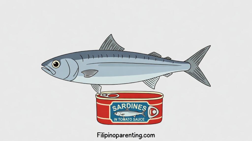 Sardine in Tagalog (Sardinas): Discover 12 Powerful Example Sentences for Ultimate Quick Seafood Staples A simple flat color illustration of a sardine and a canned sardinas for learning sardine in Tagalog.