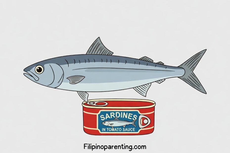 A simple flat color illustration of a sardine and a canned sardinas for learning sardine in Tagalog.