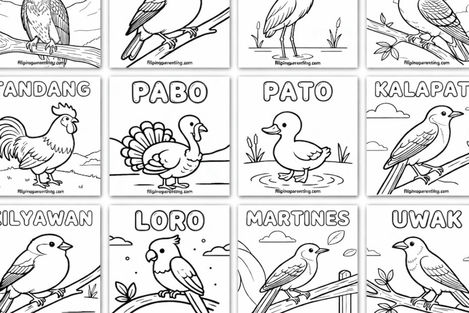 16 printable Filipino bird coloring pages with Tagalog names including Haribon, Maya, and Tagak for language learners, kids, and Filipino culture education
