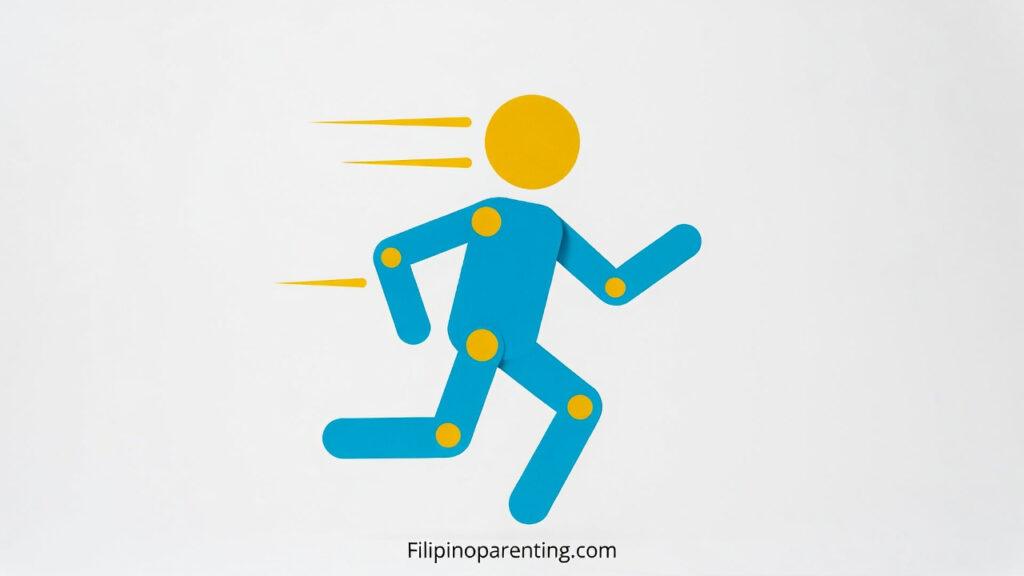 Action Words in Tagalog: Unlock 24 Essential Verbs for Everyday Fluency & Family Fun Minimalist blue and yellow icon of a person running, illustrating Action Words in Tagalog - Pandiwa