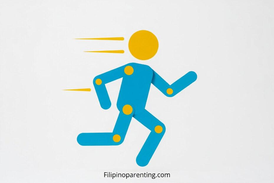 Minimalist blue and yellow icon of a person running, illustrating Tagalog action words (pandiwa).