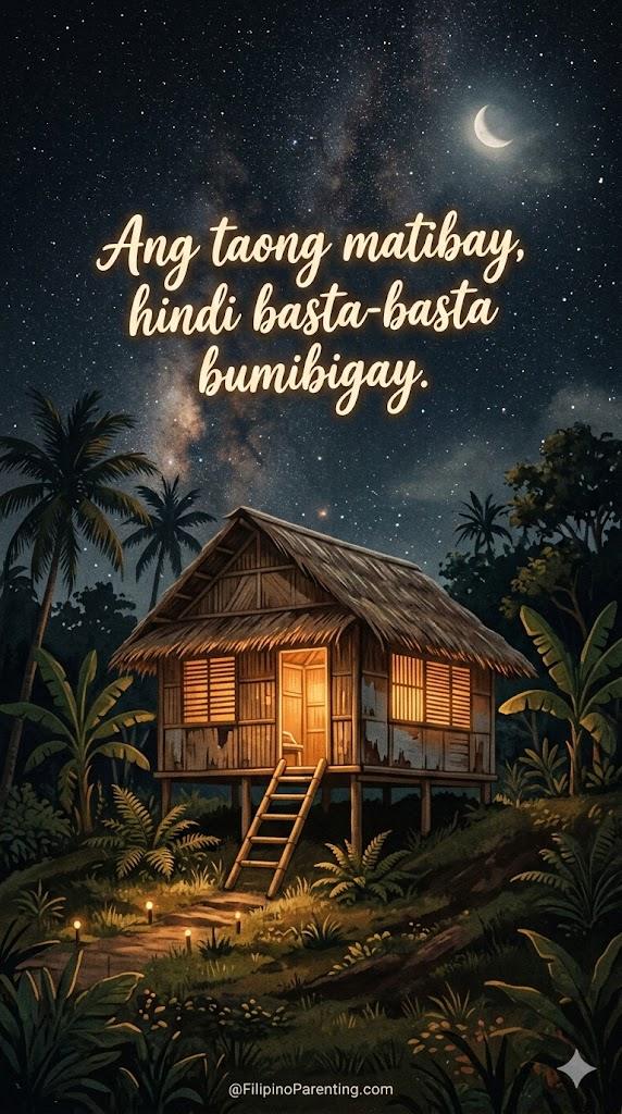 Pinoy Motivational Quotes: 30 Powerful Sayings to Build Your Inner Strength An illustration of a traditional Filipino Bahay Kubo (nipa hut) glowing warmly at night under a vast starry sky and crescent moon, featuring the Tagalog quote "Ang taong matibay, hindi basta-basta bumibigay" (A strong person does not easily give up).