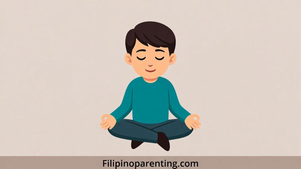 Anxiety in Tagalog: 15 Essential Words & Symptoms for Better Understanding Anxiety in Tagalog: A stylized vector illustration of a young boy sitting in a cross-legged meditation pose with eyes closed to represent calming techniques for anxiety.