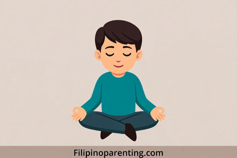 Anxiety in Tagalog: A stylized vector illustration of a young boy sitting in a cross-legged meditation pose with eyes closed to represent calming techniques for anxiety.