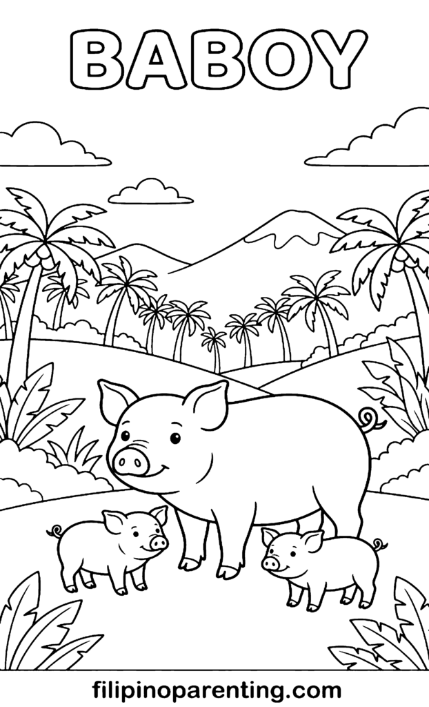 🖍️ 10 Free Baboy Coloring Pages (Printable Filipino Heritage Guide) A Tagalog coloring page for beginners featuring a pig and piglets in a tropical Filipino landscape with palm trees and mountains.