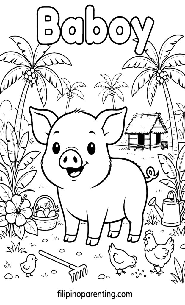 🖍️ 10 Free Baboy Coloring Pages (Printable Filipino Heritage Guide) A cute standing pig or baboy in a Philippine garden scene with chickens, a basket of vegetables, a watering can, and a bahay kubo for Tagalog learners.
