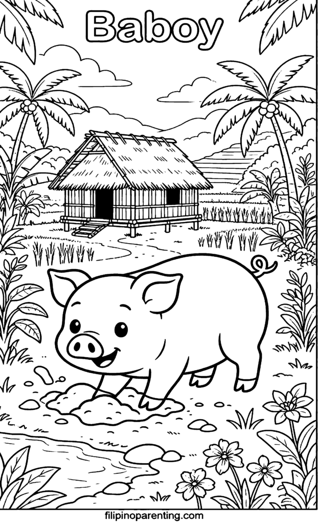 🖍️ 10 Free Baboy Coloring Pages (Printable Filipino Heritage Guide) A Tagalog coloring page for beginners featuring a baboy or pig in front of a traditional Filipino bahay kubo and rice fields.