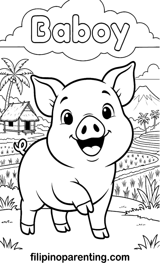 🖍️ 10 Free Baboy Coloring Pages (Printable Filipino Heritage Guide) A cute smiling pig in a Filipino farm setting featuring rice terraces, a bahay kubo, and mountains for Tagalog language learners.