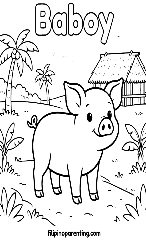 🖍️ 10 Free Baboy Coloring Pages (Printable Filipino Heritage Guide) A cute standing pig in a Philippine provincial scene with a traditional bahay kubo, palm trees, and tropical plants for Tagalog learners.