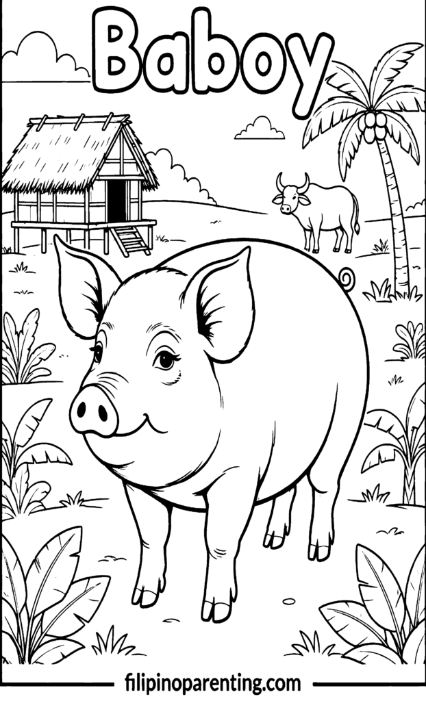 🖍️ 10 Free Baboy Coloring Pages (Printable Filipino Heritage Guide) A detailed Tagalog coloring page for beginners featuring a large pig or baboy, a water buffalo or kalabaw, and a traditional bahay kubo in a tropical setting.
