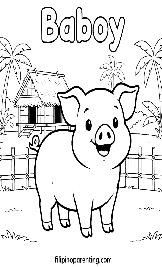 🖍️ 10 Free Baboy Coloring Pages (Printable Filipino Heritage Guide) A cheerful standing pig (baboy) in a Philippine farm setting with a bamboo fence, bahay kubo, and palm trees for Tagalog learners.