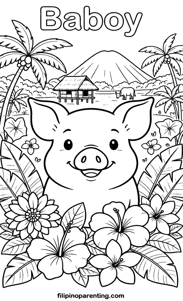 🖍️ 10 Free Baboy Coloring Pages (Printable Filipino Heritage Guide) A cute Tagalog coloring page for beginners featuring a pig or baboy surrounded by tropical hibiscus flowers, a bahay kubo, and a volcano in the background.