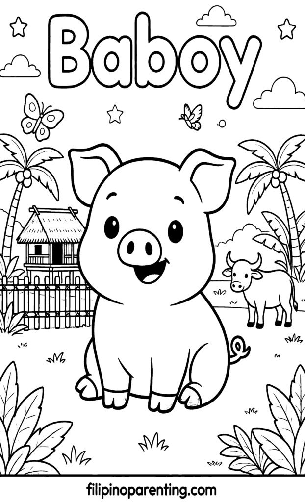 🖍️ 10 Free Baboy Coloring Pages (Printable Filipino Heritage Guide) A cute sitting pig or baboy in a whimsical Filipino farm setting with butterflies, stars, a kalabaw, and a bahay kubo for Tagalog learners.