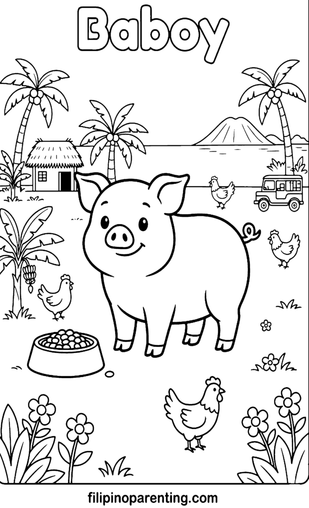 🖍️ 10 Free Baboy Coloring Pages (Printable Filipino Heritage Guide) A fun Tagalog coloring page for beginners featuring a baboy or pig, several manok or chickens, a Philippine jeepney, and a volcano in the background.