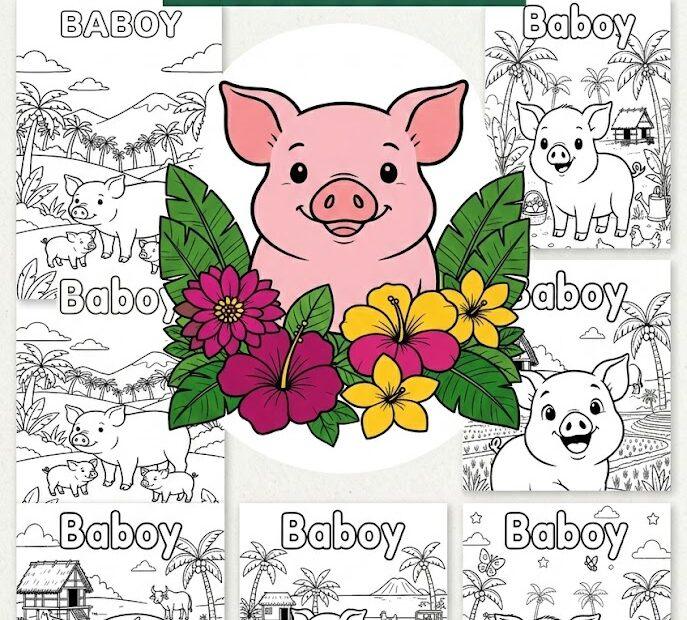 Baboy coloring pages printable Filipino farm worksheet featuring pig in bukid with bahay kubo and jeepney for Tagalog learning