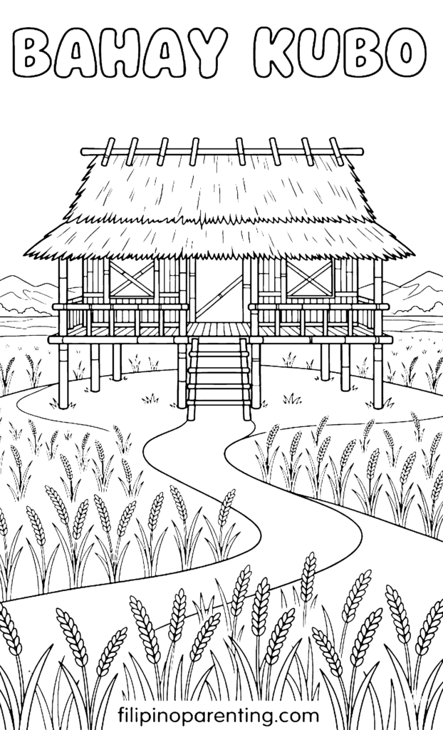 🏡10 Free Bahay Kubo Coloring Pages (Printable Filipino Heritage Guide) A printable coloring page of a traditional Filipino Bahay Kubo stilt house with a thatched roof and bamboo walls, surrounded by rice plants.