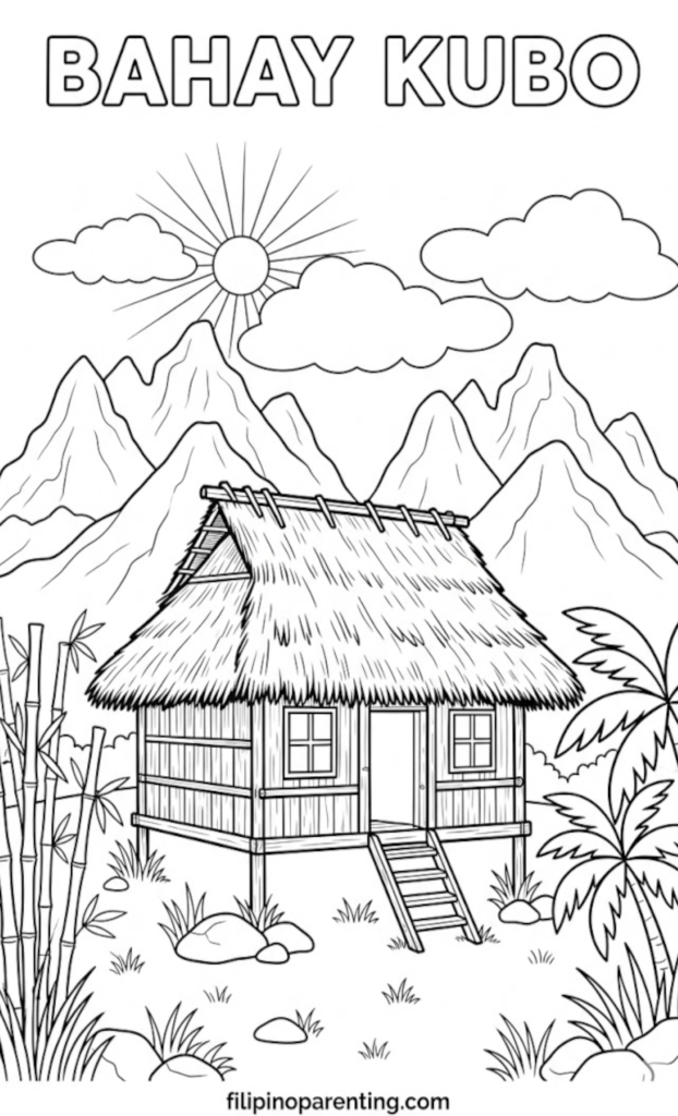 🏡10 Free Bahay Kubo Coloring Pages (Printable Filipino Heritage Guide) A printable coloring page of a Bahay Kubo stilt house with a thatched roof, located in front of a jagged mountain range with bamboo stalks and a radiating sun.