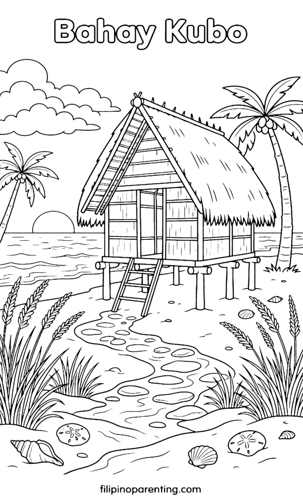 🏡10 Free Bahay Kubo Coloring Pages (Printable Filipino Heritage Guide) A tropical Bahay Kubo coloring page featuring a stilt house on a sandy beach with palm trees, ocean waves, a setting sun, and seashells in the foreground.