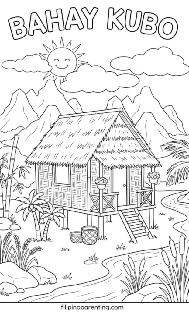 🏡10 Free Bahay Kubo Coloring Pages (Printable Filipino Heritage Guide) A traditional Filipino Bahay Kubo stilt house on a sandy beach with palm trees, seashells, and a setting sun over the ocean waves.