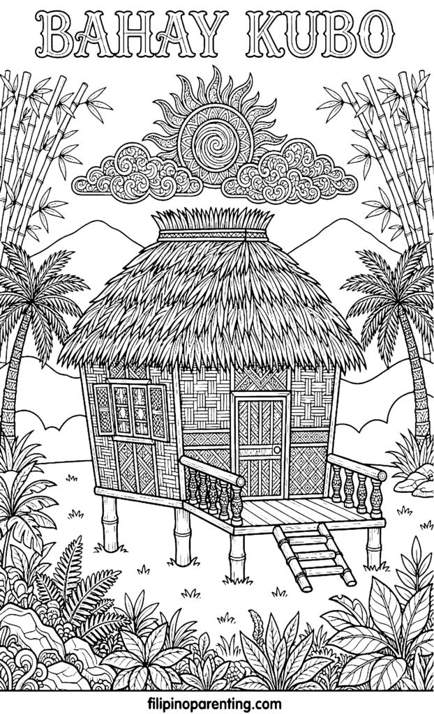 🏡10 Free Bahay Kubo Coloring Pages (Printable Filipino Heritage Guide) A highly detailed coloring page of a Bahay Kubo featuring intricate geometric patterns on the bamboo walls and door, set against a background of mountains, palm trees, and a mandala-style sun.