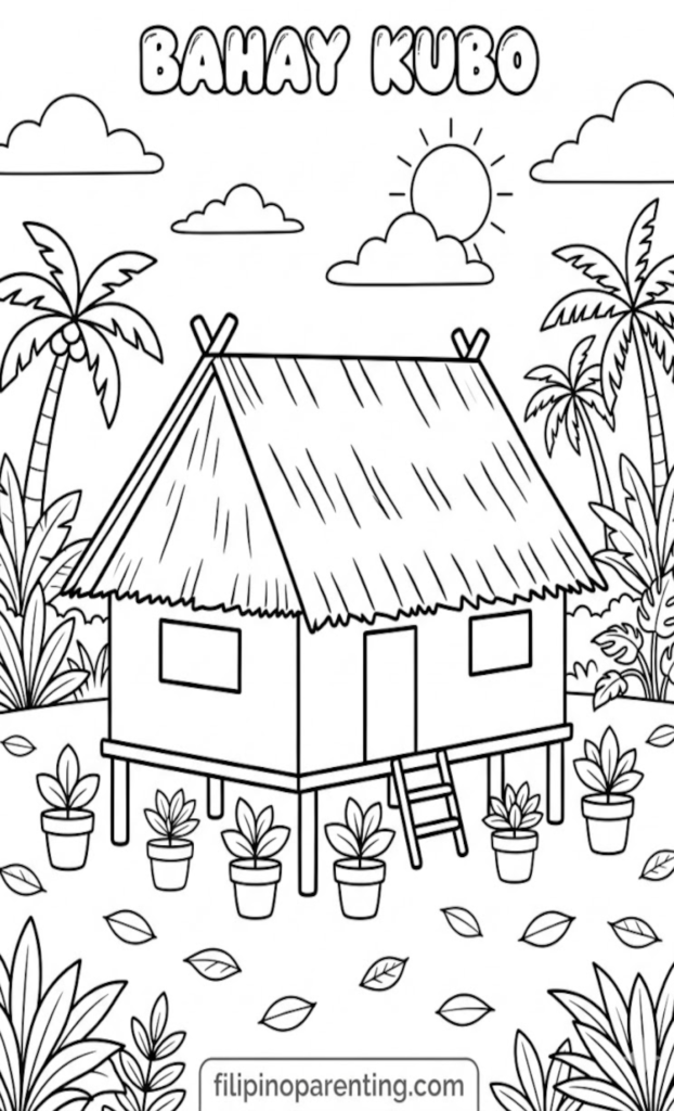 🏡10 Free Bahay Kubo Coloring Pages (Printable Filipino Heritage Guide) A printable coloring page of a classic Bahay Kubo stilt house surrounded by several potted plants, palm trees, and a bright sun with clouds.