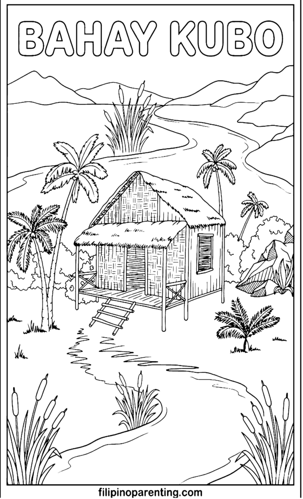 🏡10 Free Bahay Kubo Coloring Pages (Printable Filipino Heritage Guide) A printable coloring page featuring a traditional Filipino Bahay Kubo with woven bamboo walls situated along a winding river, surrounded by palm trees and mountains.