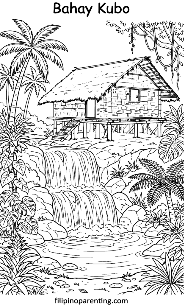 🏡10 Free Bahay Kubo Coloring Pages (Printable Filipino Heritage Guide) A detailed coloring page of a Bahay Kubo stilt house perched above a multi-tiered tropical waterfall, surrounded by lush jungle plants, palm trees, and hanging vines.