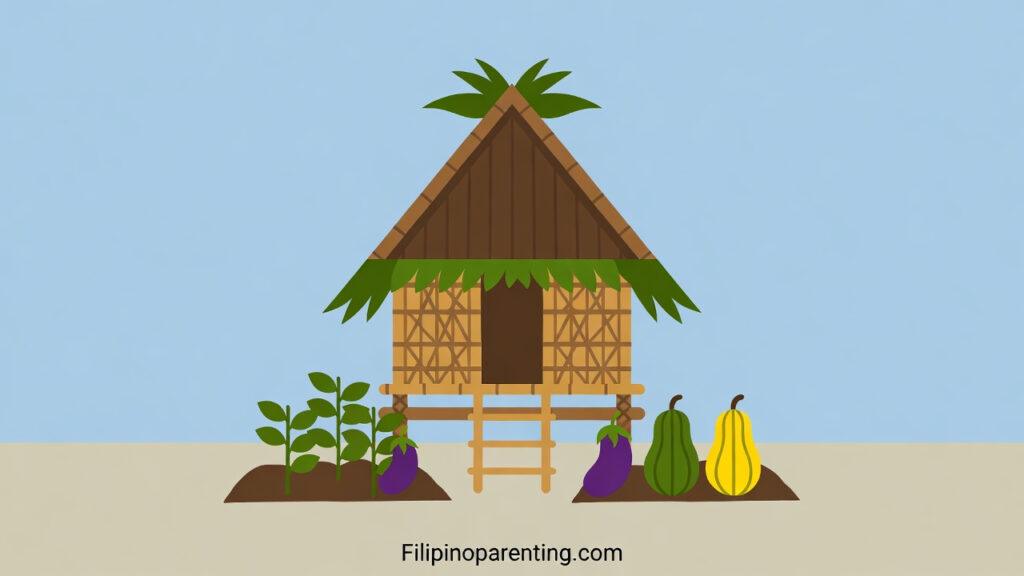 Bahay Kubo Vegetables: The 18 Traditional Filipino Plants with Tagalog Names & Fun Facts Illustration of a traditional Filipino Bahay Kubo hut surrounded by common vegetables like eggplant and squash.