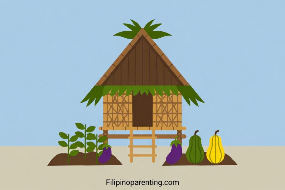 Illustration of a traditional Filipino Bahay Kubo hut surrounded by common vegetables like eggplant and squash.