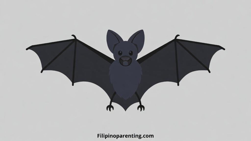 Bat in Tagalog: Unlock 12 Essential Example Sentences for Incredible Wildlife & Nighttime Vocabulary Mastery Cartoon illustration of a dark grey bat with spread wings for learning the Tagalog word Paniki.