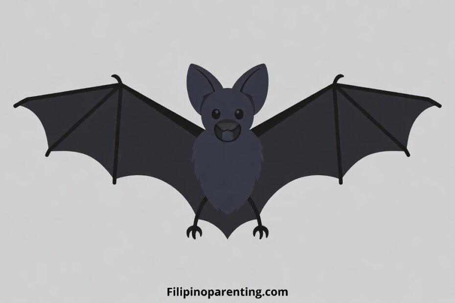 Cartoon illustration of a dark grey bat with spread wings for learning the Tagalog word Paniki.