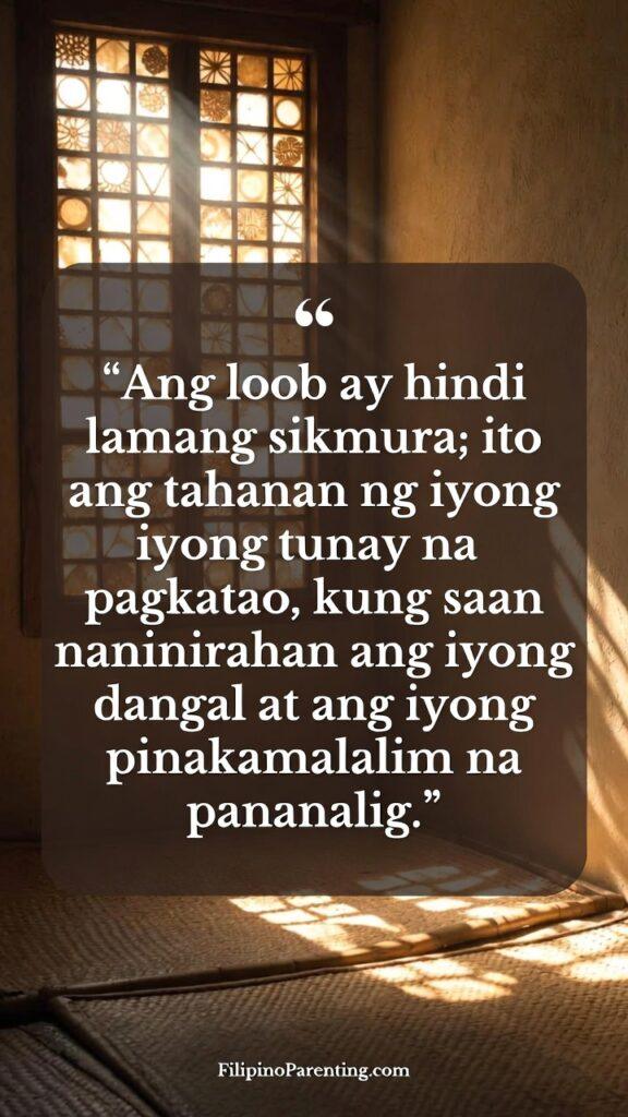Beautiful Filipino Words with Deep Meanings: 5 Enchanting Truths A warm, reflective Filipino-inspired image with soft golden light and a capiz window, featuring a quote about “loob” as the home of one’s true self.