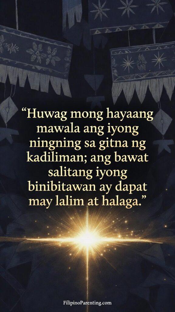 Beautiful Filipino Words with Deep Meanings: 5 Enchanting Truths A glowing golden light emerging from darkness with Filipino-inspired textures, paired with a quote about protecting one’s “ningning.”