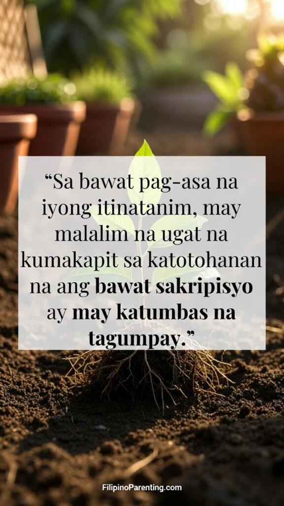 Beautiful Filipino Words with Deep Meanings: 5 Enchanting Truths A young plant with deep roots in warm sunlight, symbolizing hope and sacrifice leading to success.