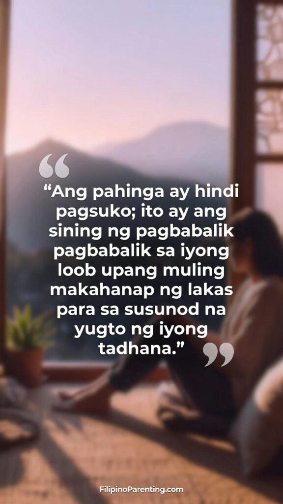 Beautiful Filipino Words with Deep Meanings: 5 Enchanting Truths A peaceful Filipino-inspired scene symbolizing rest and inner renewal, paired with a quote about “pahinga.”