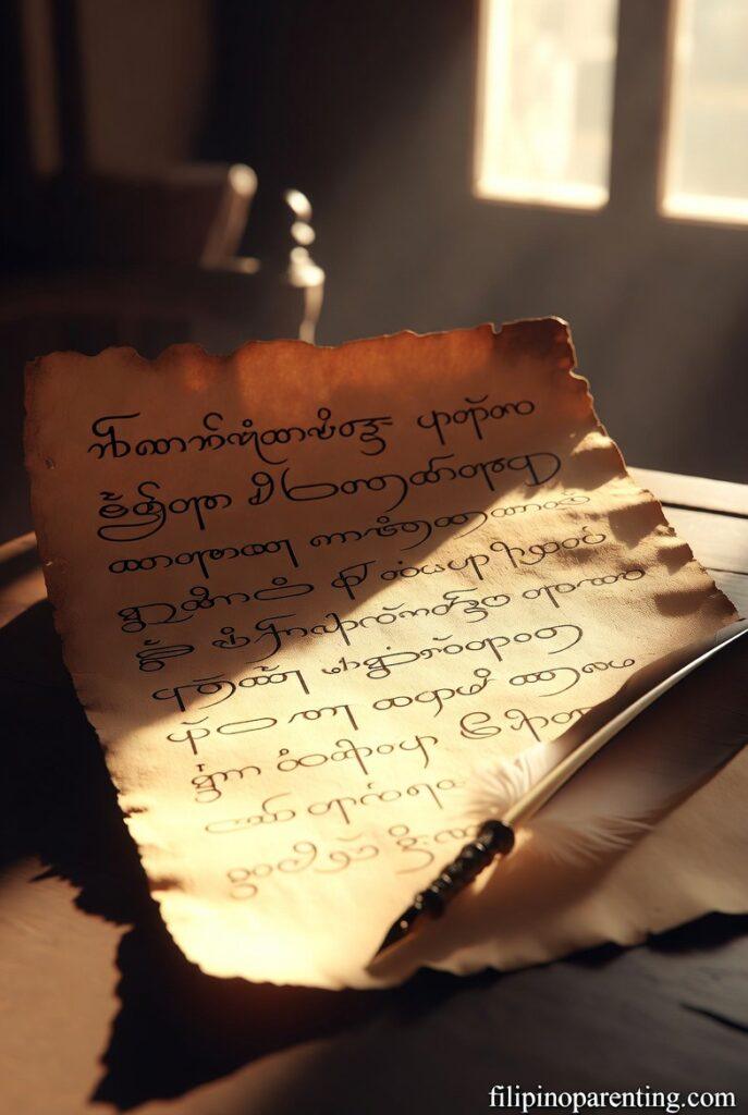 Beautiful Filipino Words with Deep Meanings: 5 Enchanting Truths Baybayin script on parchment representing Beautiful Filipino Words with Deep Meanings.