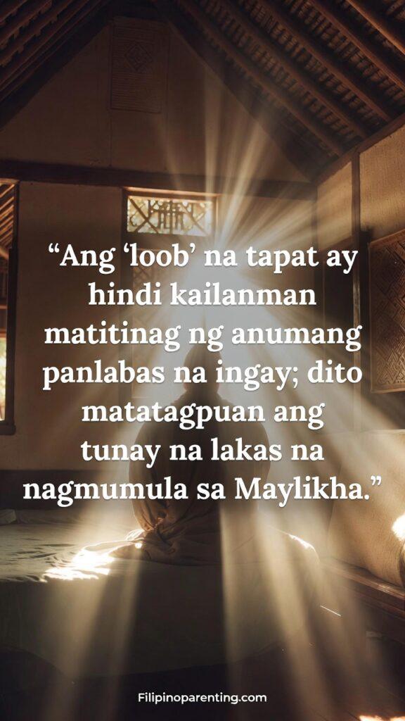 Beautiful Tagalog Words No English Translation: 5 Unshakeable Truths Vertical image with soft morning light through a Filipino window and a quote about “loob” and inner strength.