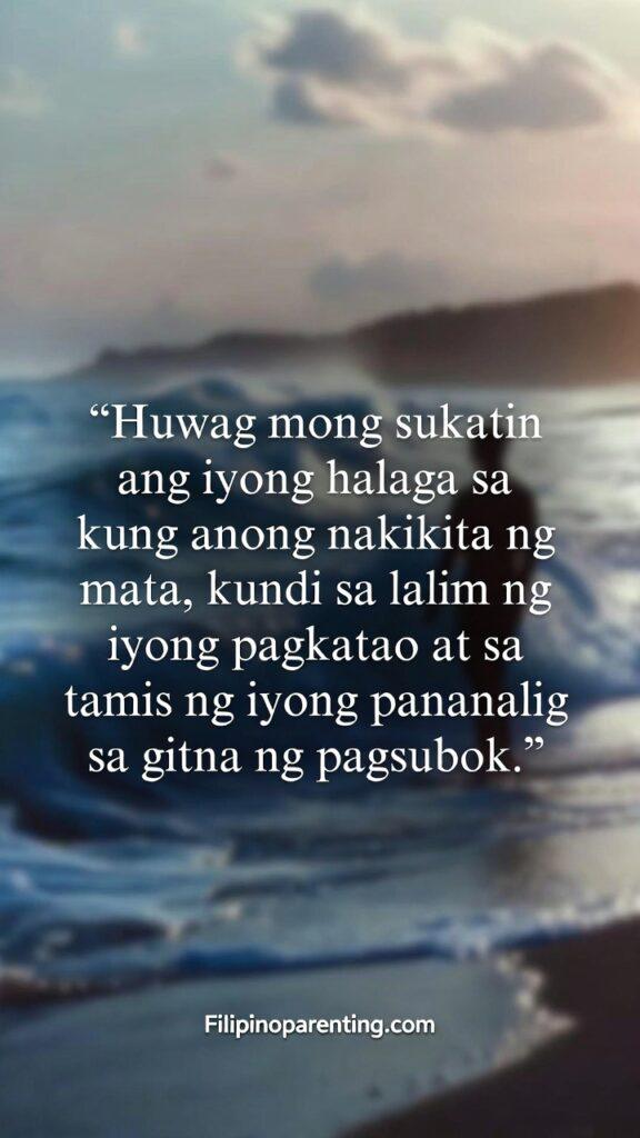 Beautiful Tagalog Words No English Translation: 5 Unshakeable Truths Vertical image with ocean‑inspired depth and a quote about “lalim” and inner worth.